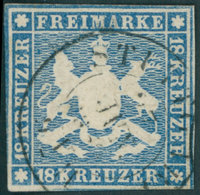 WÜRTTEMBERG 10a O, 1857, 18 Kr. Hellblau, Teils Leicht Berührt Sonst Pracht, Mi. 1600.- - Sonstige & Ohne Zuordnung