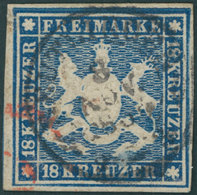 WÜRTTEMBERG 15 O, 1859, 18 Kr. Blau, Vollrandig, Kleine Mängel, Feinst, Gepr. Thoma, Mi. 1500.- - Sonstige & Ohne Zuordnung