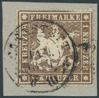 WÜRTTEMBERG 16xa BrfStk, 1860, 1 Kr. Braun, Dickes Papier, Prachtbriefstück, Mi. 180.- - Sonstige & Ohne Zuordnung