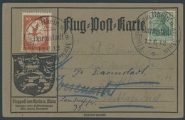 ZEPPELINPOST 10 BRIEF, 1912, 10 Pf. Flp. Am Rhein Und Main Auf Flugpostkarte Mit 5 Pf. Zusatzfrankatur, Sonderstempel Da - Airmail & Zeppelin