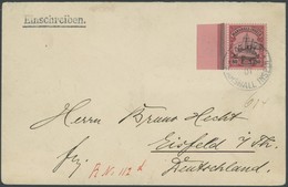 MARSHALL-INSELN 21 BRIEF, 1907, 80 Pf. Dunkelrötlichkarmin/rotschwarz Auf Mattkarmin, Linkes Randstück, Auf Einschreibbr - Marshall Islands