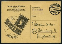 ALL. BES. GEBÜHR BEZAHLT GELSENKIRCHEN, 13.10.46, Violetter L2 Gebühr Bezahlt, Auf Drucksachen-Werbekarte, Pracht - Sonstige & Ohne Zuordnung