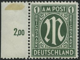 AMERIK. U. BRITISCHE ZONE 35IV **, 1946, 1 RM Dunkelgraugrün Mit Abart Linke Zierlinien Neben SM In Reichsmark Durch Wei - Other & Unclassified