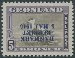 GRÖNLAND - DÄNISCHE POST 25K **, 1945, 5 Kr. DANMARK BEFRIET Mit Kopfstehendem Aufdruck, Postfrisch, Pracht, Gepr. U.a.  - Sonstige & Ohne Zuordnung