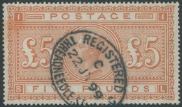 GROSSBRITANNIEN 66x O, 1882, 5 £ Orange, Weißes Papier, üblich Gezähnt, Registered-Stempel, Pracht, Gepr. Pröschold, Mi. - Sonstige & Ohne Zuordnung