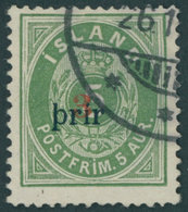 ISLAND 18AI O, 1897, Prir 3 Auf 5 A. Grün, Großer Aufdruck, Gezähnt 14:131/2 (Facit 33), Pracht, R!, U.a. Gepr. Pfenning - Sonstige & Ohne Zuordnung