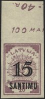 LETTLAND 114U **, 1927, 15 S. Auf 40 K. Lila, Ungezähnt, Oberrandstück, Pracht, RR! - Lettland