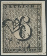 ZÜRICH 2I BrfStk, 1843, 6 Rp. Schwarz/dunkelbräunlichrot, Linienunterdruck Senkrecht, Type V, Repariert, Wie Prachtbrief - 1843-1852 Federal & Cantonal Stamps