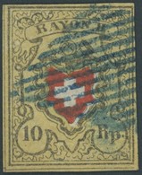 SCHWEIZ BUNDESPOST 8II O, 1851, 10 Rp. Schwarz/orangerot Auf Gelb, Blaue Raute, Kabinett, Gepr. U.a. Pfenninger - Sonstige & Ohne Zuordnung