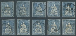 SCHWEIZ BUNDESPOST 14IIBym O, 1859, 10 Rp. Lebhaftblau, Berner Druck III, (Zst. 23G), 10 Prachtwerte In Nuancen - Sonstige & Ohne Zuordnung