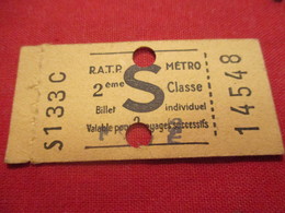 Ticket Ancien Usagé/RATP METRO/ S  /2éme Classe/PARIS/ Billet Individuel/Valables Pour 2 Voyages  /Vers 1945-1965 TCK105 - Europa