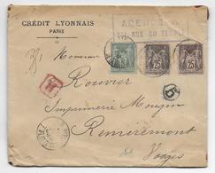 1891 - SAGE Sur LETTRE CHARGEE De PARIS => REMIREMONT (VOSGES) - 1877-1920: Periodo Semi Moderno