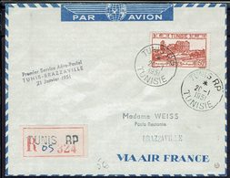 Tunisie "1er Service Aéro-Postal Tunis-Brazzaville" Affr. 50 F Seul Sur Enveloppe Recommandée Pour Brazzaville 20-1-1951 - Posta Aerea