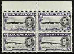 1944 ½d Black And Bluish Violet, Upper Marginal "cross" Block Of Four, One Showing Long Centre Bar To "E", SG 38ba, Neve - Ascension (Ile De L')