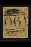 NEW SOUTH WALES 1850-51 3d Yellow-green Sydney View Yellowish Laid Paper, SG 43e, Used, Four Margins, Pen Marks On Rever - Other & Unclassified