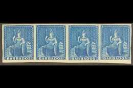 1852 (1d) Deep Blue Britannia, SG 4, Spectacular Mint Og Strip Of 4. For More Images, Please Visit Http://www.sandafayre - Barbades (...-1966)