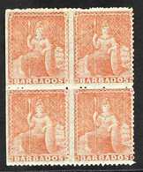 1861-70 (4d) Dull Vermilion, No Wmk, Rough Perf 14 - 16, Britannia, SG 28, Fine Mint BLOCK OF FOUR With Straight Edge At - Barbados (...-1966)