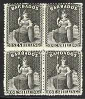 1873 1s Black, Wmk Large Star, Perf 14½ - 15½, Britannia, SG 61, Mint BLOCK OF FOUR (one Stamps Never Hinged). Ex Hart,  - Barbados (...-1966)