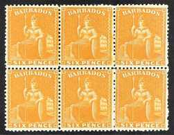 1875-80 6d Chrome Yellow, Wmk CC, Perf 14, Britannia, SG 79, Very Fine Mint BLOCK OF SIX, The Low-left Stamp With Light  - Barbados (...-1966)