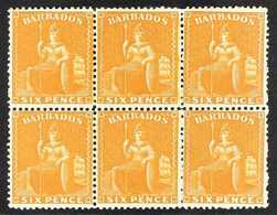 1875-80 6d Chrome Yellow, Wmk CC, Perf 14, Britannia, SG 79, Very Fine Mint BLOCK OF SIX, The Low-left Stamp With Light  - Barbades (...-1966)