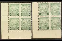 1942 1d Green Badge Of The Colony, The Two Perfs SG 249b And 249bc, In Matching Lower Left Corner Plate Number Blocks Of - Barbados (...-1966)