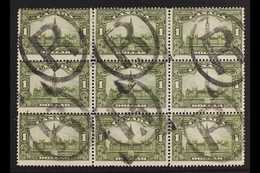 1928-29 $1 Olive-green Parliament Buildings, SG 285, Used BLOCK Of 9 Cancelled By Large "R" In Oval Registration Cancels - Other & Unclassified