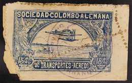 1920-21 SCADTA - DRAMATIC PERFORATION ERROR 15c Blue Hydroplane (Scott C13, SG 13, Michel 2), Used Example On Small Piec - Colombia