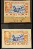 1938-50 KGVI 5s Blue & Chestnut, SG 161 & 5s Indigo & Pale Yellow Brown, SG 161b, Very Fine Used Tied To Small Pieces (2 - Falkland Islands