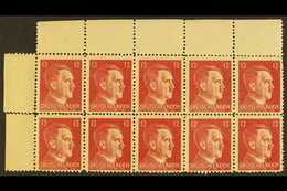 WWII US SECRET SERVICES FORGERIES 1945 12pf Carmine Hitler, Michel 16, Never Hinged Mint Top Left Corner BLOCK Of 10, Mi - Autres & Non Classés