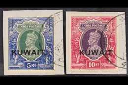 1939 5r And 10r King George VI Stamps Of India Overprinted "KUWAIT", SG 49/50, Each Very Fine Used On Piece. (2 Stamps)  - Koweït