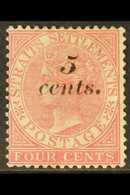1882 5c On 4c Rose, SG 47, Mint With Small Thin. For More Images, Please Visit Http://www.sandafayre.com/itemdetails.asp - Straits Settlements