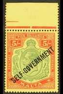 1933 5s Green And Red On Yellow Ovptd Self Government, SG 113, Superb Marginal NHM. For More Images, Please Visit Http:/ - Malte (...-1964)
