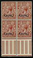 1916 - 23 1½d Red-brown, SG 3,  Interpanau Block Of 4 Showing The Varieties "Shaved N" (R19/7) And "Broken R" (R20/20),  - Nauru