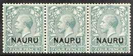 1916 -23 4d Slate-green, Horizontal Strip Of 3, The Middle Stamp With The Variety "NAUP.U", SG 8/8a, Very Fine Mint. For - Nauru