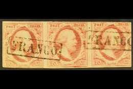 1852 10c Carmine, Imperf Horizontal STRIP OF THREE, Mi 2, SG 2, NVPH 2, Fine Used, Cancelled By Boxed "Franco" Postmarks - Other & Unclassified