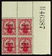 1917 1d Carmine Dominion, SG 21, Upper Right "H46387" Corner Block Of Four, The Stamps Never Hinged Mint. For More Image - Niue