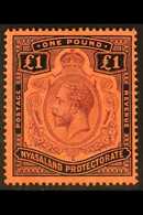 1913-21 £1 Purple And Black / Red, Wmk Mult Crown CA, SG 98, Never Hinged Mint. Superb. For More Images, Please Visit Ht - Nyasaland (1907-1953)