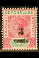 1893 3c On 4c Carmine And Green, Surcharge Double, SG 15b, Mint With Some Toning, Royal Certificate. For More Images, Pl - Seychellen (...-1976)