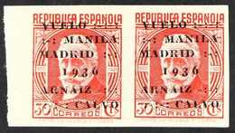 1936 30c Red Overprinted "Vuelo Manila-Madrid 1936", Variety IMPERFORATE, Edifil 741s, HORIZONTAL PAIR, Never Hinged Min - Autres & Non Classés