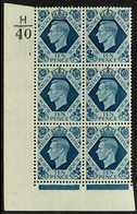 1939 CYLINDER BLOCK 10d Turquoise-blue Corner Block Of 6 With Cylinder 1 (no Dot) Control H/40, Never Hinged Mint. For M - Unclassified