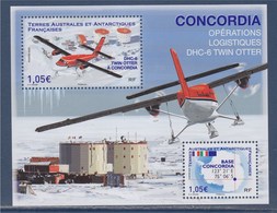 = Bloc 2 Timbres Neufs Terres Australes Base Concordia Opérations Logistiques DHC.6 TWIN OTTER - Blocks & Kleinbögen