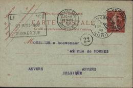 Entier CP Semeuse 10 Ct Rouge Maigre CP Verte Date 722 Storch P152 CAD Dunkerque 21 3 08 Pour Anvers Belgique - Standard Postcards & Stamped On Demand (before 1995)