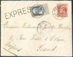 N°74-76 - 10 Cent. Rose + 25 Cent. Bleu, Obl. Sc LA HESTRE S/L. EXPRES Du 1 Juillet 1906 Vers Gand (Sud). Belles Frappes - 1905 Barba Grossa