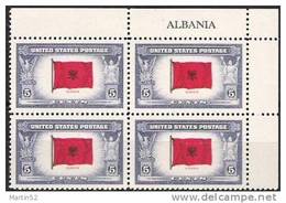 USA 1943: Flags Of Occupied Countries  "ALBANIA" Block Michel-No.512  ** MNH - Plaatnummers