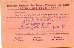Belgique  - Convacation De La Fédération Nationale Des Anciens Prisonniers De Deux-Haine - 1958 - Michaux Jules - Unclassified