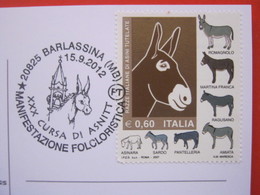 A.16 ITALIA ANNULLO 2012 BARLASSINA MONZA BRIANZA FOLKLORE CORSA ASINI ANIMALI DIALETTO CAMPANILE DISEGNO - Asini