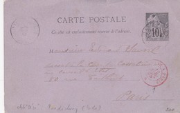 TRES RARE. INDE. CARTE. ENTIER COLONIES ALPHEE DUBOIS 10c. PONDICHERY. 26 OCT 93 POUR PARIS. MODANE A PARIS ROUGE 12 NOV - Storia Postale