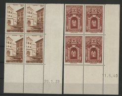 MONACO N° 170 + 171A. DEUX Blocs De 4. Neufs ** (MNH) Avec Coins Datés Du 20/1/39 Et Du 11/5/40. TB - Neufs