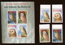 2009. 4 Val Burundi Et Bloc. OISEAUX DE PROIE.  Cote 90,00 Euros   Prey Birds. OWL.  Hiboux Chouettes - Neufs