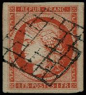 O FRANCE - Poste - 7, Vermillon Vif, Oblitération Grille, Légère Réparation Angle Supérieur Droit, Certtificat Robineau, - 1849-1850 Cérès